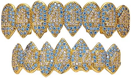 NICEWL Hommes Iced Out Hip Hop Dents Grillz,Bling AAA Zircon Cubique Dents Dentaire Bouche Braces,Dents Caps Top & Bottom Vampire Tooth Grills Set for Gift Fiche Technique et Prix au Maroc