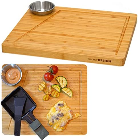 DuneDesign Set d'Assiettes à Raclette 2 Personnes - 30x25 Planche à Raclette en Bois avec Bol à Dips - Dessous de Poêlon à Raclette en Bois - Accessoires pour Raclette Planchette à Raclette en Bambou Fiche Technique et Prix au Maroc