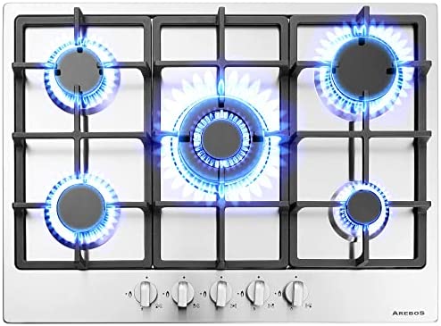 Arebos Plaque Gaz 5 Feux | Cuisinière à gaz de 5 flammes | Acier inoxydable | Grilles et veilleuse de sécurité incluses | Autonome | Convient pour gaz naturel/gaz propane Fiche Technique et Prix au Maroc