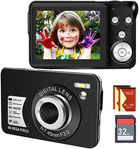 SINEXE Appareil photo numérique, appareil photo de vlogging compact avec carte SD 48 MP 2,7 K/20 FPS Écran LCD antishake Photoflash Selfile pour enfants adolescents débutants Cadeau (noir) Fiche Technique et Prix au Maroc