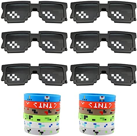 BlueXP 24 Pièces Lunettes Pixel Mosaic Lunettes de Soleil Thug Life et Jeu Vidéo Bracelet en Silicone pour Enfants Adultes Fête D'anniversaire Fournitures Goodies Sac de Remplissage Fiche Technique et Prix au Maroc