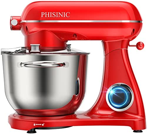 Robot Pâtissier, PHISINIC 1800W Pétrin Professionnel, Boîtier tout en Métal, Faible Bruit Robot de Cuisine Multifonction avec Fouet, Batteur, Crochet, 6.5L Bol d'Acier Inoxydable, 6+P Vitesses (Rouge) Fiche Technique et Prix au Maroc