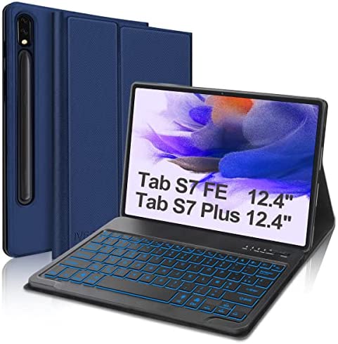 IVEOPPE Étui Clavier pour Samsung Galaxy Tab S7 FE/ S7 Plus/ S7+/ S8+ 12,4" Coque Mince, Détachable Rétro-éclairage 7 Couleurs Bluetooth Français [AZERTY] Clavier, Housse avec Porte-Stylo, Bleu Fiche Technique et Prix au Maroc