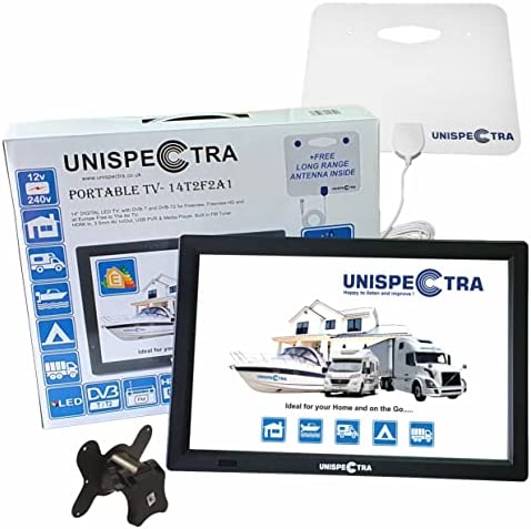 Unispectra® 14" TV 12V / 230V HD LED Numérique TV DVB-T/T2 (TNT) USB PVR & Lecteur multimédia, Tuner FM, HD-in, AV in/Out ; Idéal pour : Maison, Camping-Car, Bateau, Caravane, et Camion (Kit EU) Fiche Technique et Prix au Maroc