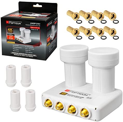 QUAD Monobloc LNB 0,1dB Double LNC HB DIGITAL SET 4 participants Direct 2 Sat Astra 19,2° Hotbird 13° FULL HD TV 3D Ultra HD 4K + 4 x œillets en caoutchouc + 8 x F-plug plaqué or GRATUIT Fiche Technique et Prix au Maroc