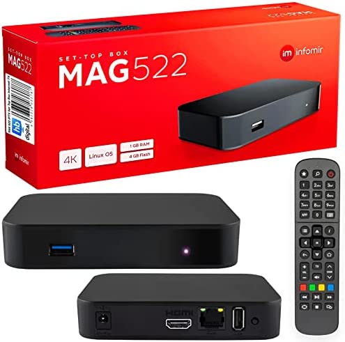 MAG 522 Original Infomir & HB-DIGITAL 4K IPTV Set Top Box Multimedia Player Internet TV IP Receiver # 4K UHD 60FPS 2160p@60 FPS HDMI 2.1# HEVC H.256 Support # Arm Cortex-A53 + Câble HDMI Fiche Technique et Prix au Maroc