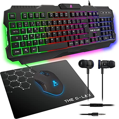 The G-Lab Combo Helium - Ensemble Gaming 4 en 1 - Clavier Gamer AZERTY Rétroéclairé, Souris Gamer 3200 DPI, Écouteurs Intra-Auriculaires, Tapis de Souris - Pack Gamer PC PS4 PS5 Xbox One/Series X Fiche Technique et Prix au Maroc