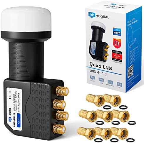 HB-DIGITAL Quad LNB Tête Satellite Quadruple DVB-S DVB-S2 Full HD TV 3D 4K UHD HD Plus Sat 4 Participants avec Protection Contre Les Intempéries + 8X f-Plugs Plaqués Or Fiche Technique et Prix au Maroc
