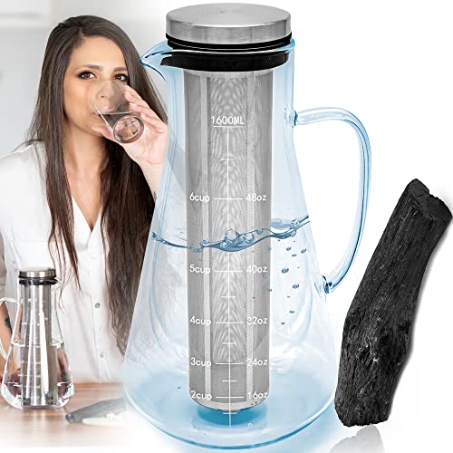 Kit de Purification d'eau : Binchotan & Carafe en Verre | Binchotan de Kishu Bio 40g avec Carafe Filtrante 1,6L | Charbon Actif Binchotan Japonais pour Purification d'eau en Carafe + E-Book Fiche Technique et Prix au Maroc