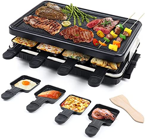 Appareil à Raclette per 8 Persone Grill Électrique de Table Plaque de Cuisson Portatile Grillles Barbecue Machine con 8 Mini Poëlons e 4 Spatole in Legno Plancha Grille Paques Electrique 1300W Fiche Technique et Prix au Maroc