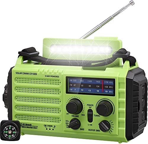 Radio d'urgence, Radio à Manivelle, Radio Solaire, Radio Météo pour la Randonnée et l'extérieur, avec AM/FM/SW, Alarme SOS, Port de Charge USB, Lampe de Poche LED, Lampe de Lecture, Boussole Fiche Technique et Prix au Maroc