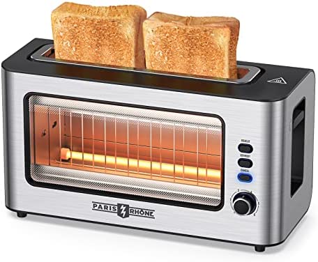 Grille-pain 2 tranches Paris Rhône Ultra Large Grille-pain à fente longue en acier inoxydable avec fenêtre de vision, 6 niveaux de bronzage, 1000 W, pour griller, décongeler et réchauffer Fiche Technique et Prix au Maroc