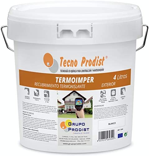 Tecno Prodist TERMOIMPER de 4 Litres (blanc optique) peinture à l'eau isolante thermique extérieur sur murs, toits et façades Isole de la chaleur et du froid (rouleau, pinceau, pistolet) Fiche Technique et Prix au Maroc