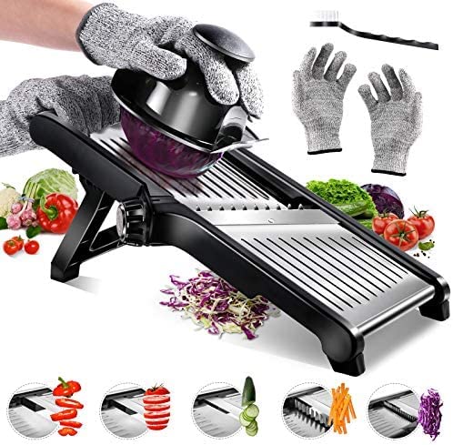 Masthome Mandoline Inox Professionnelle, Mandoline de Cuisine Multifonction à Epaisseur de Tranche Réglable, avec Protège Main et Gants de Sécurité Fiche Technique et Prix au Maroc