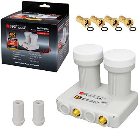 HB-DIGITAL Twin Monoblock LNB 0,1dB LMTP de Opticum LNC 2 participants Directement 2 Sat Astra 19,2° Hotbird 13° Full HD TV 3D Ultra HD 4K+2x passe-fils en caoutchouc+4x F-plug plaqué or GRATUITEMENT Fiche Technique et Prix au Maroc