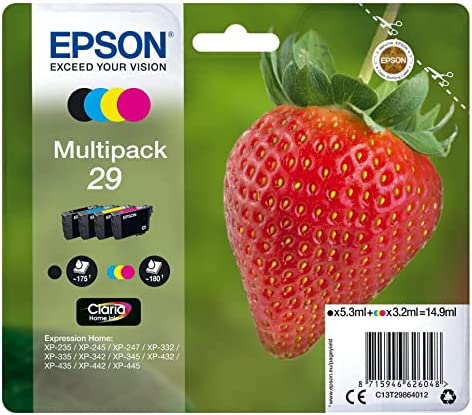 Epson Multipack 29 Fraise, Cartouches d'encre d'origine, 4 couleurs: Noir, Cyan, Magenta, Jaune, XP-235 XP-243 XP-245 XP-247 XP-255 XP-257 XP-332 XP-335 XP-342 XP-345 XP-352 XP-355 XP-432 XP-435 Fiche Technique et Prix au Maroc