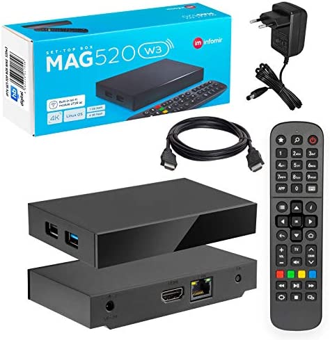 MAG 520w3 Original Infomir & HB-DIGITAL 4K IPTV Set Top Box Multimedia Player Internet TV IP Receiver # 4K UHD 60FPS 2160p@60 FPS HDMI 2.0# HEVC H.256 Support # Arm Cortex-A53 + HDMI Cable Fiche Technique et Prix au Maroc
