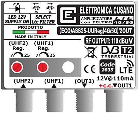 Elettronica Cusano (ECO) ASS25-UUReg(4G/5G)/2OUT Amplificateur antenne TV de Poteau avec Filtre LTE sélectionnable 4G/5G, 2 entrées UHF 25 DB (réglable), Sorties, Blanc Fiche Technique et Prix au Maroc
