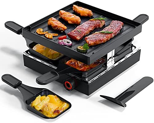 Muchen Appareil à raclette , grill avec revêtement antiadhésif et 4 mini poêlons à raclette, raclette pour 4 personnes, 750W noir, grill party pour fêtes de famille, raclette grill électrique Fiche Technique et Prix au Maroc