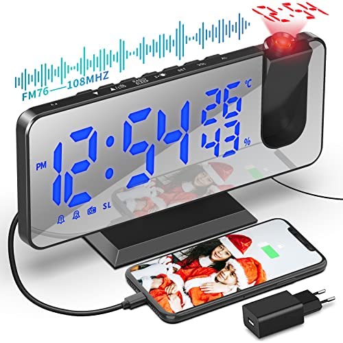 TAKRINK Reveil Projecteur Plafond, Radio Réveil Projection Plafond, avec Ecran Miroir 7.5 Pouces, Température Port de USB, Double Réveil, 4 Luminosités Réglable, Réveil Numérique pour la Chambre… Fiche Technique et Prix au Maroc
