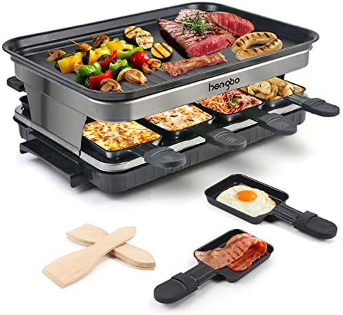Appareil a Raclette 8 Personne Service a Raclette avec Revêtement Anti-Adhésif Plaque de Cuisson 8 Poêlons Antiadhésifs 4 Spatules en Bois, Thermostat Intellectuel, Appareil Raclette 1500W Fiche Technique et Prix au Maroc