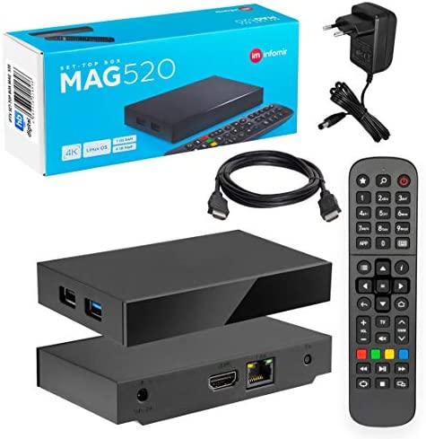 Infomir MAG 520 IP TV Internet Streamer HEVC H.265 4K UHD 60FPS Linux USB 3.0 LAN HDMI - Streaming Media Player - Set-Ttop Box avec processeur Arm Cortex-A53 sur chipset Amlogic S905X2, Noir 13667 Fiche Technique et Prix au Maroc