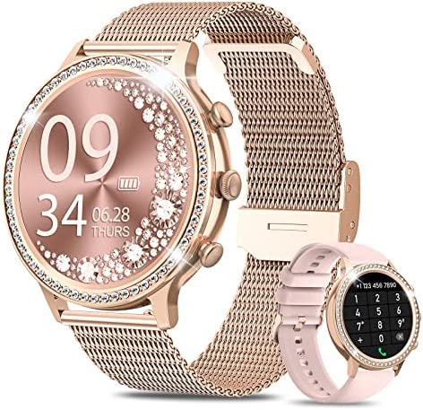 Montre Connectée Femme avec Appel Bluetooth, AKUMAKA Diamond Love, 1.32'' HD Smartwatch, Fonction Féminine, Fréquence Cardiaque SpO2 Sommeil 20 Modes Sportif Calories Android iOS Or, Cadeau pour Femme Fiche Technique et Prix au Maroc