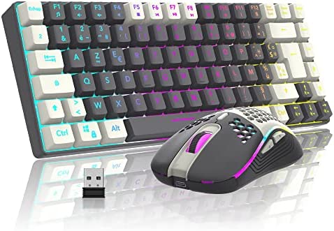 RedThunder K84 Combo Clavier et Souris sans Fil Gamer, AZERTY Français, Batterie Rechargeable RVB Rétroéclairée, Clavier TKL à 75% et Souris Optique Légère en Nid d'abeille 3200 DPI (Blanc-Gris) Fiche Technique et Prix au Maroc