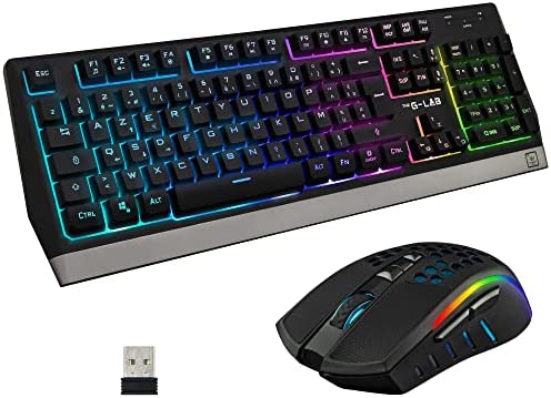 The G-Lab Combo Tungsten - Ensemble Clavier et Souris Gamer sans Fil Rétro Éclairés - Clavier Gaming Wireless AZERTy + Souris Gamer Wireless 2400 DPI - Pack Clavier Souris sans Fil pour PC PS4 PS5 Fiche Technique et Prix au Maroc