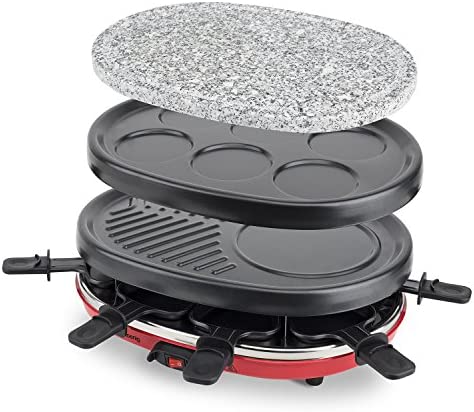 H.Koenig RP412 Appareil à raclette Multifonction 8 personnes Professionnel, Pierre naturelle, 6 mini crêpes pancakes, Grill, Raclette fromage fondue, Température réglable, 8 poêlons antiadhésifs Fiche Technique et Prix au Maroc
