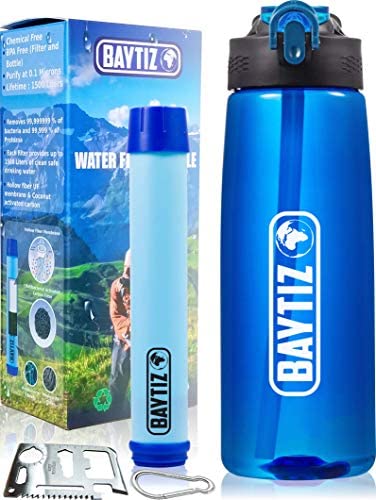 BAYTIZ | Gourde Filtrante + Paille de Survie au Charbon Actif - Bouteille Filtre à Eau Nomade : Voyage Randonnée Trek Camping Kit Purificateur Réutilisable + Boussole Plastique Sac Pluie Catastrophe Fiche Technique et Prix au Maroc