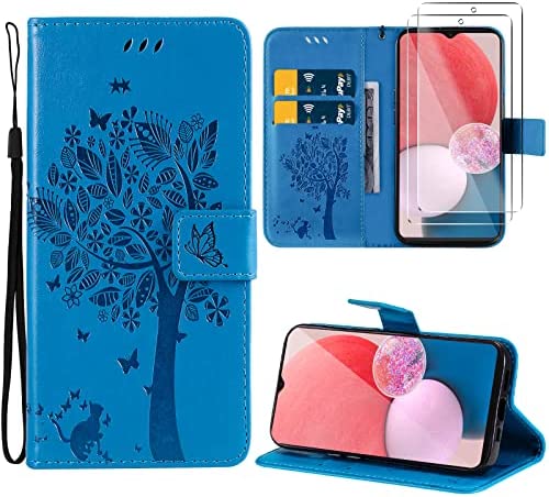 Oududianzi-Coque pour Samsung Galaxy A13 4G / 5G [2X Verre Trempé] Étuis Rabat Folio Protection Housse Cuir PU Portefeuille Silicone [Fermeture Magnétique][Emplacements Cartes][Stand Feature]-Bleu Fiche Technique et Prix au Maroc