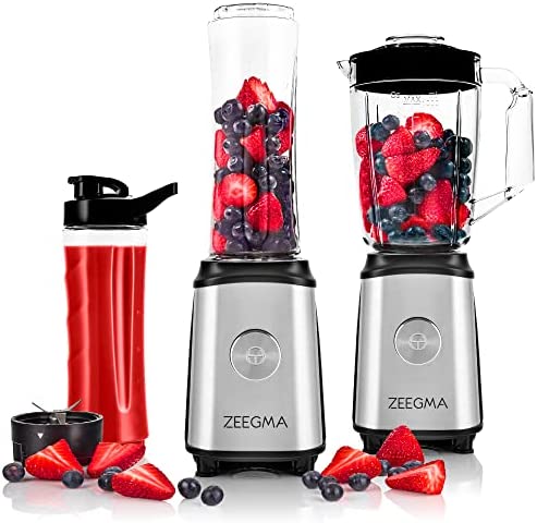 ZEEGMA Vitamine blender multifonction 4-en-1 1050W avec pichet 1 L, presse-agrumes électrique, machine à smoothie, moulin à café, lames croisées, 2x jeux de lames, 2x bouteilles de sport 600ml Fiche Technique et Prix au Maroc