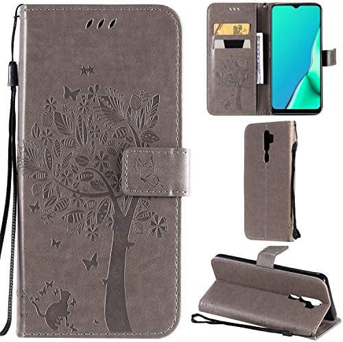 DodoBuy Oppo A9 2020/A5 2020 Coque Motif Arbre Chat PU Cuir Flip Housse Étui Cover Case Wallet Portefeuille Support avec Porte-Cartes pour Oppo A9 2020/A5 2020 - Gris Fiche Technique et Prix au Maroc