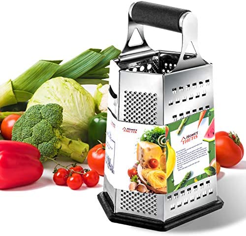 THETIS Trancheuse à Fromage Râpe Légumes 6 côtés, 9,5 Pouces de Hauteur - Acier Inoxydable, Avec Poignée en Caoutchouc et Fond Antidérapant en Zaoutchouc - Pour Cuisine & Maison. Fiche Technique et Prix au Maroc