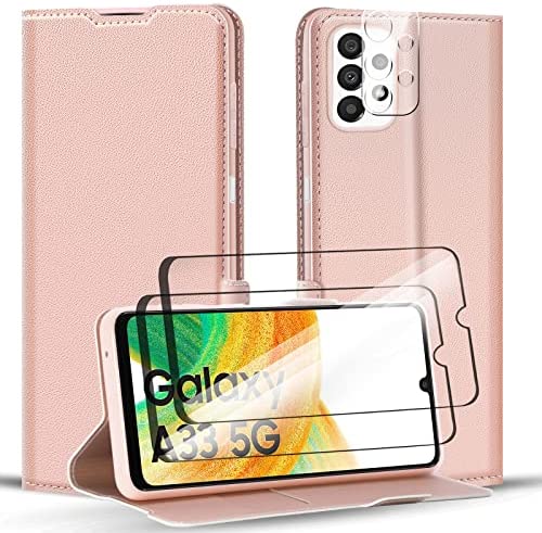 Aunote Coque pour Samsung Galaxy A33 5G avec 2 Protection Écran et 1 Protection Caméra (9H Verre Trempé)，Housse Étuis Samsung A33 Pochette Rabat Portefeuille Coke Clapet Flip Cover Case, Or Rose Fiche Technique et Prix au Maroc