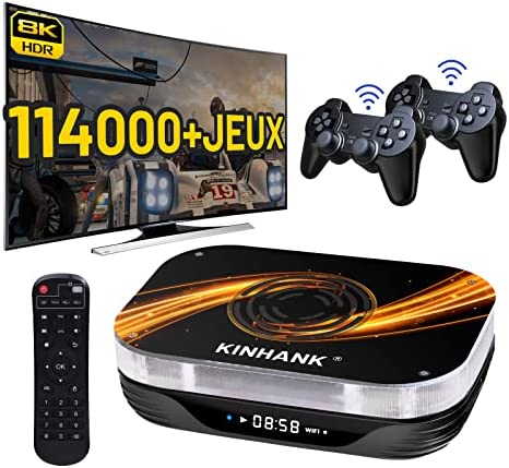 Kinhank Console de Jeux Rétro Intégrant 114,000+ Jeux Classiques, EmuELEC/Android/CoreELEC Systems Console de Jeu Vidéo pour 8K Sortie, 2 Contrôleurs sans Fil, Compatible 62+ émulateurs . X3P-256GB Fiche Technique et Prix au Maroc