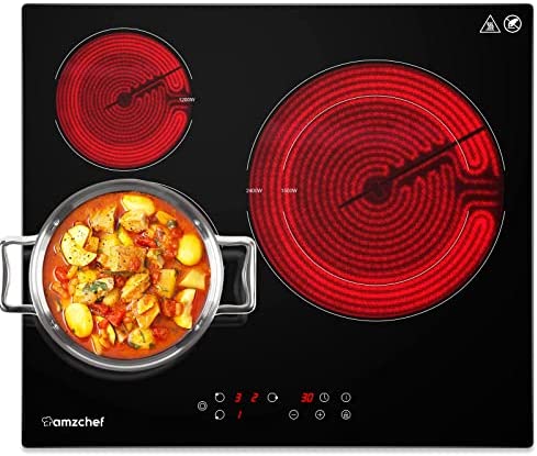 Plaque vitrocéramique, AMZCHEF Plaque de cuisson vitrocéramique 3 zones avec 9 niveaux de cuisson, 5880W, double zone, 60 cm, arrêt automatique, pour riz aux fruits de mer, steak, soupe Fiche Technique et Prix au Maroc