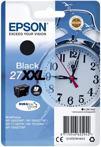Epson 27XXL Réveil Noir, Cartouche d'encre d'origine XXL Très Haute capacité, WF-3620DWF WF-3640DTWF WF-7110DTW WF-7210DTW WF-7710DWF WF-7715DWF WF-7720DTWF WF-7610DWF WF-7620DTWF Fiche Technique et Prix au Maroc