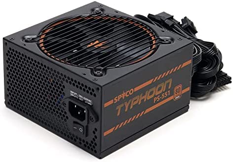 SPYCO Typhoon PS-551, PSU Gaming 550W, 80 Plus Bronze, Non modulaire, Faible Bruit, Alimentation ATX, Ventilateur Super Silent, condensateurs Teapo, Format Compact, Garantie 5 Ans Fiche Technique et Prix au Maroc
