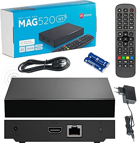 Original Infomir MAG520w3 Wİ-Fİ / 4K UHD IPTV Box / Internet TV / 2160p 60 FPS Lecteur multimédia IPTV Récepteur Set Top Box / Compatible avec HEVC H.256 / Quad Core Arm Cortex-A53 / + Câble HDMI Fiche Technique et Prix au Maroc