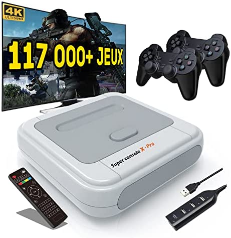 Kinhank Console de Jeux Rétro Intégrant 117,000+ Jeux Classiques, Dual Systems Console de Jeu Vidéo Pour 4K Sortie, Supporte Jusqu'à 5 Joueurs, 2 Contrôleurs Sans Fil, Compatible 62+ émulateurs .256GB Fiche Technique et Prix au Maroc