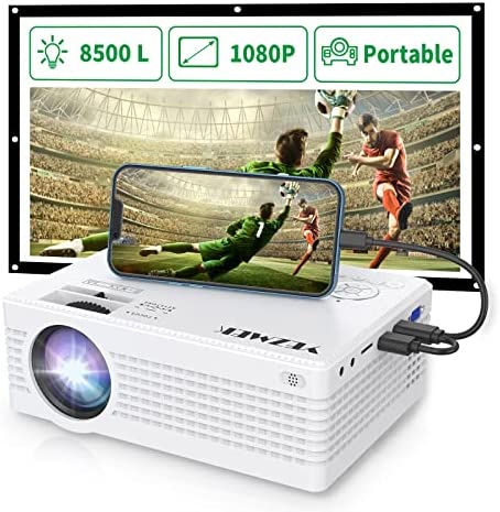 YEZMEK Projecteur Full HD 1080P Natif, Mini Rétroprojecteur 8500 Lux, Vidéoprojecteur Compatible avec TV Stick Smartphone & Tablette HDMI USB AV, Projecteur pour Home Cinéma & Film en Plein Air. Fiche Technique et Prix au Maroc
