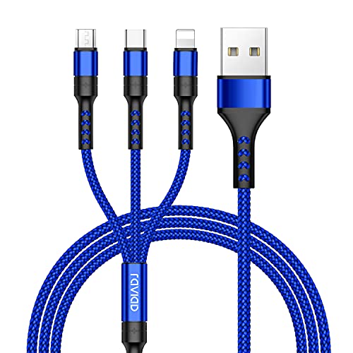 RAVIAD Câble Multi USB, 3 en 1 Câble Universel [1.2M] Multi USB Câble de Chargement en Nylon avec Micro USB Type C Lightning Câble pour iPhone, Samsung Galaxy, Huawei, Honor, OnePlus- Bleu Fiche Technique et Prix au Maroc