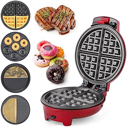 CGOLDENWALL Gaufrier Crêpière Machine à Beignets Donutera 4 en 1 Antiadhésive avec 4 Assiettes Amovibles et Interchangeables 0-200 ℃ Thermostat Réglable (Machine + 4 plaques) Fiche Technique et Prix au Maroc