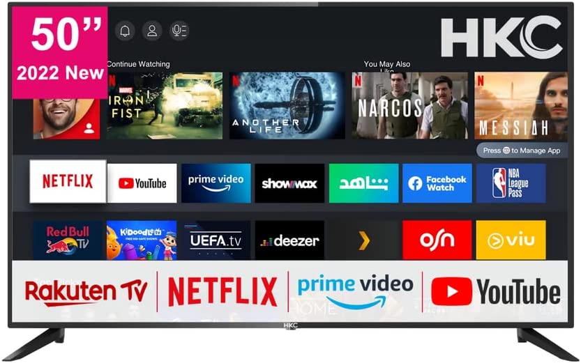 HKC HV50U1 Smart TV 50 Pouces (127 cm) Téléviseur 4K avec DHR, Netflix, Prime Video, Rakuten TV, DAZN, Disney+, Youtube, UVM, WiFi, Commande vocale, Triple-Tuner DVB-T2 / S2 / C Fiche Technique et Prix au Maroc