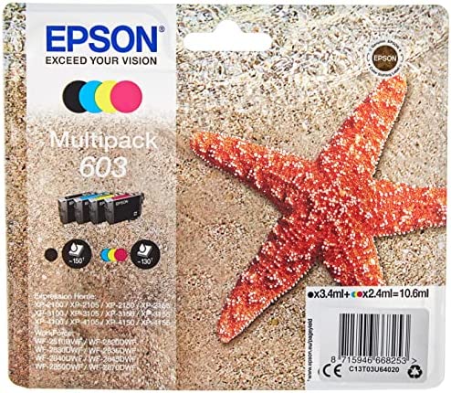 Epson Multipack 603 Etoile de Mer, Cartouches d'encre d'origine, 4 couleurs : Noir, Cyan, Magenta, Jaune, XP-2100 XP-2150 XP-3100 XP-3150 XP-4100 XP-4150 WF-2810DWF WF-2820 WF-2840 WF-2850DWF WF-2870 Fiche Technique et Prix au Maroc