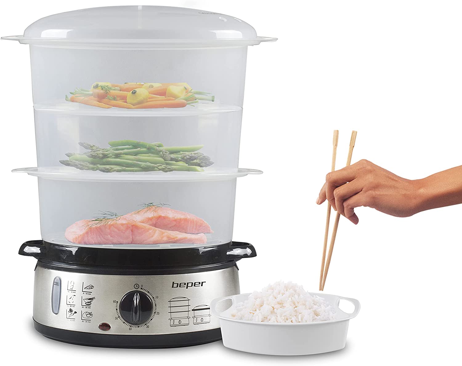 Beper BC.250 Cuiseur Vapeur de 9 Litres avec Minuteur - Cuiseur Vapeur Électrique pour Cuiseur de Riz, Poisson, Raviolis, Légumes, Viande - Sans BPA Fiche Technique et Prix au Maroc