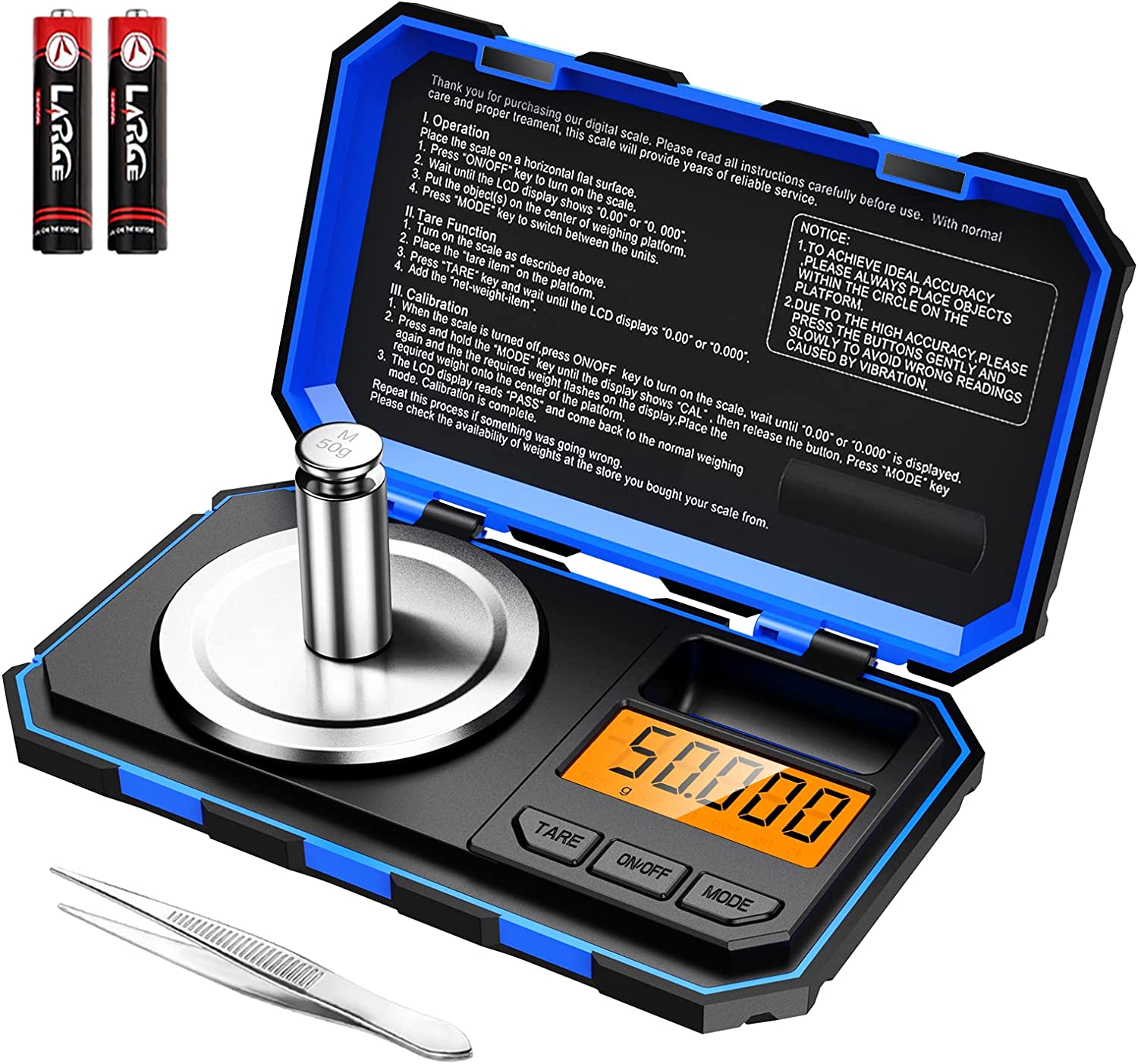 Brifit Balance de Cuisine, 50g/0.001g Balance de Poche Numérique, Balances de Précision 0,001g avec Poids de Calibrage 50g, Pince à Épiler, Fonction de Tare, LCD Rétroéclairé - Bleu Fiche Technique et Prix au Maroc