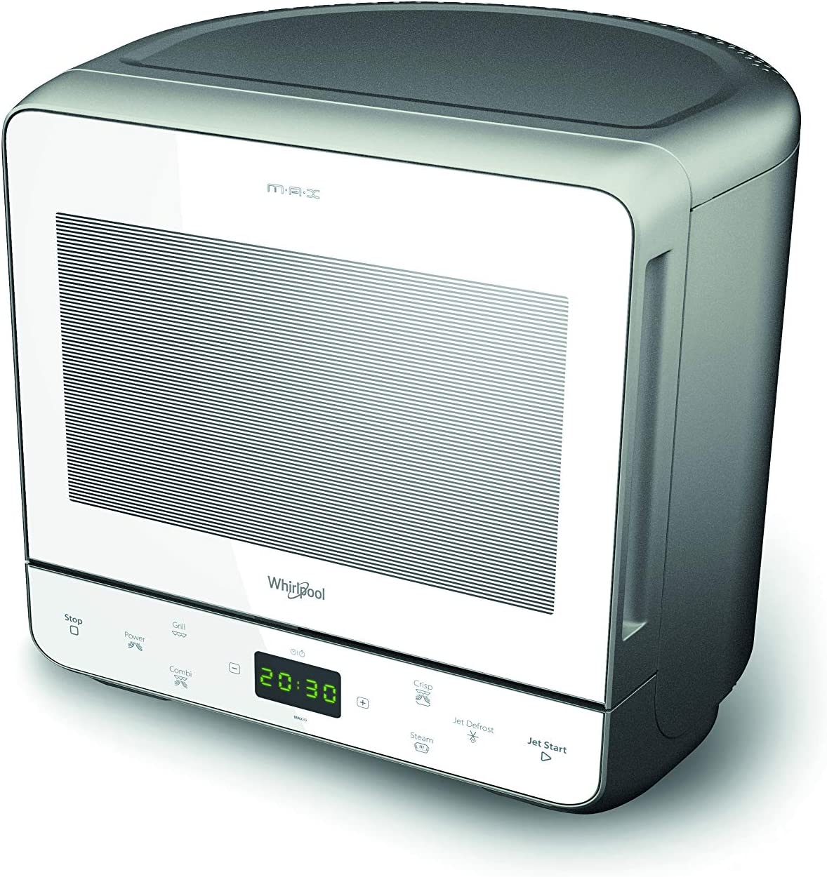 Whirlpool Max 39 WSL - Four à micro-ondes et grill, 13 litres, argenté, avec cuit-vapeur, grille haute, assiette avec poignée amovible pour fonction Crisp, silencieux (0 décibel), en acier, blanc Fiche Technique et Prix au Maroc